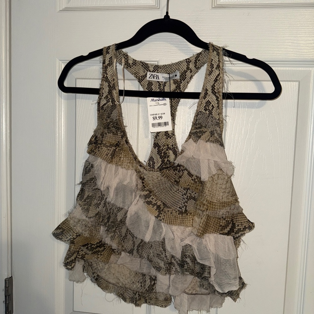 Zara Women's Snake Print Ruffle Crop Top - Tan and Cream